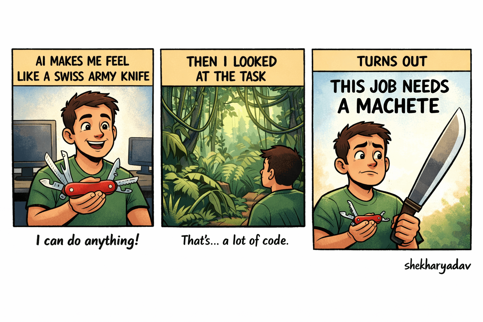 Coder realizes AI tools feel powerful but the problem still needs a machete